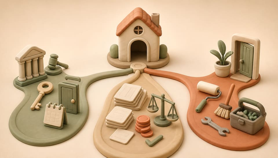 Soft clay illustration of a rental house branching into possession, debt tracking, and property turnover workstreams