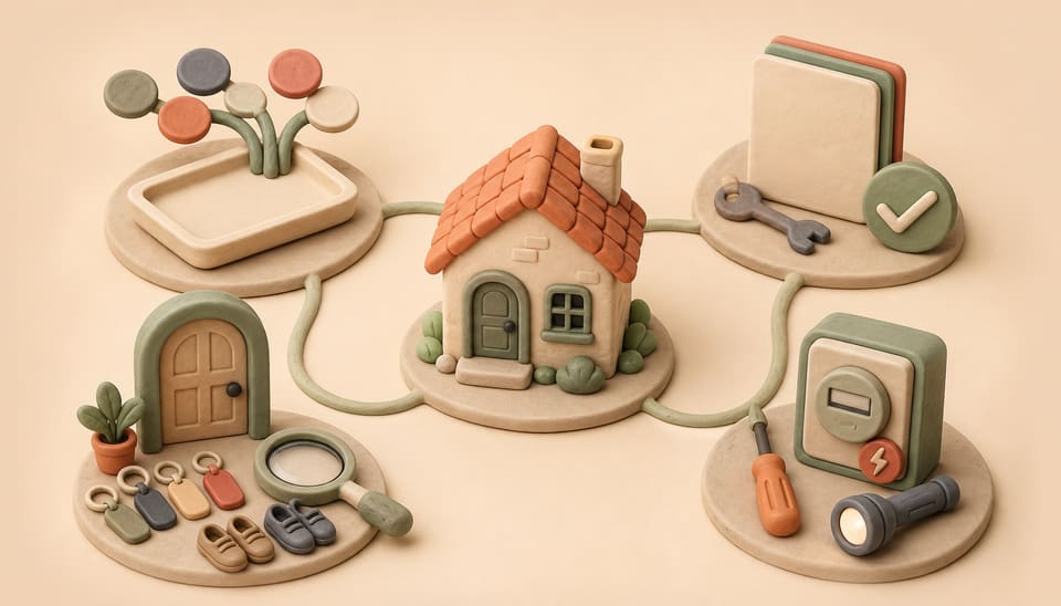 Soft clay illustration of a rental home connected to payment, lease, occupant verification, and utility safety records