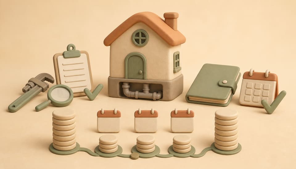 Soft clay illustration of a rental home, repair records, calendars, and rent token stacks showing a temporary reduction and documented restoration