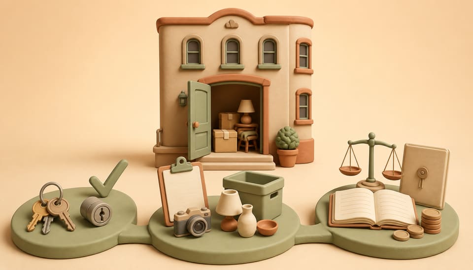 Soft clay illustration of an open rental townhouse connected to returned keys, a belongings inventory, and an unpaid-rent ledger