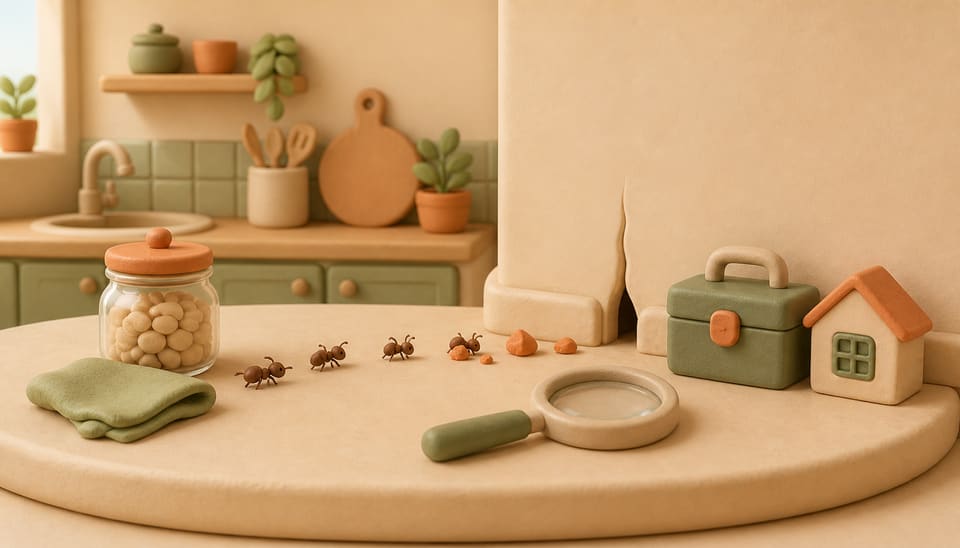 Soft clay rental kitchen with ants following crumbs toward a wall gap beside cleaning supplies, a magnifying glass and maintenance tools