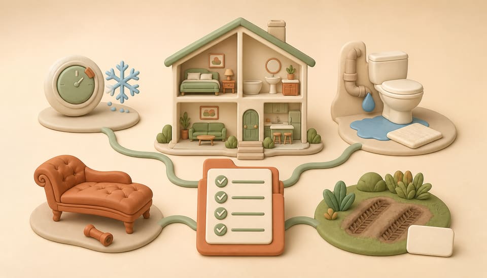 Soft clay illustration of a rental home connected to cold-weather, water mitigation, broken furniture and HOA landscape evidence files