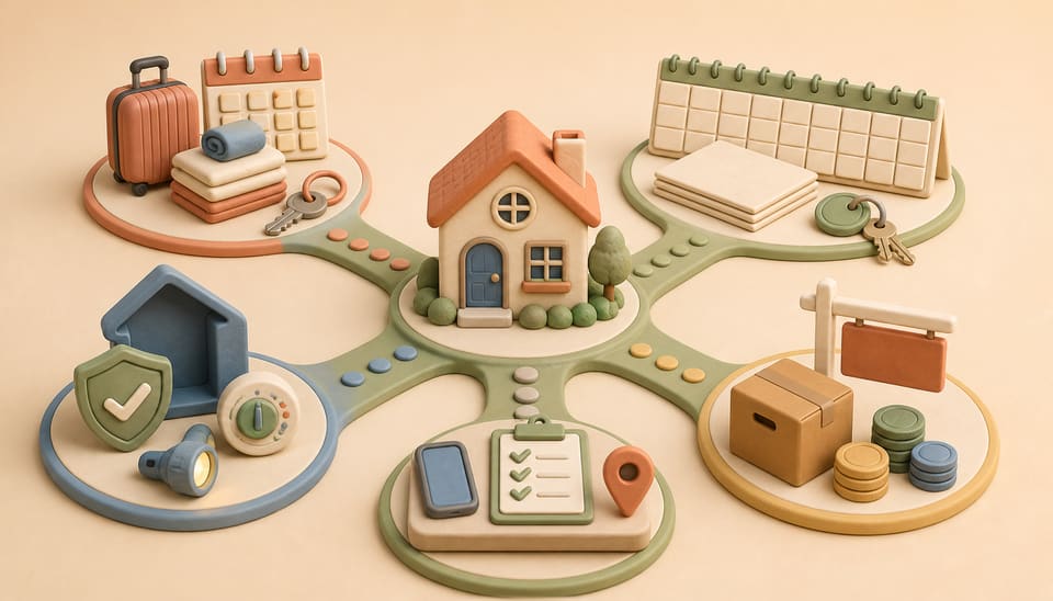 Soft clay illustration of a remote rental house branching into short-term rental, long-term lease, vacancy and sale operating paths