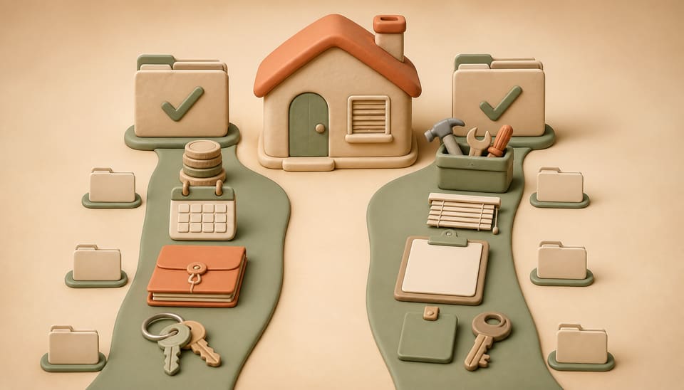Soft clay illustration of a rental home with separate rent-and-possession and repair-and-access evidence paths