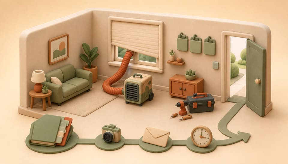 Soft clay illustration of an apartment renovation machine blocking a window beside a documented tenant evidence path and an open exit door