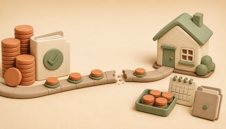 Soft clay illustration of strong income documents and rent tokens approaching a rental house across an interrupted cash-flow path