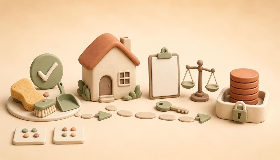 Soft clay illustration of move-out cleaning, inspection, key return and protected security-deposit accounting