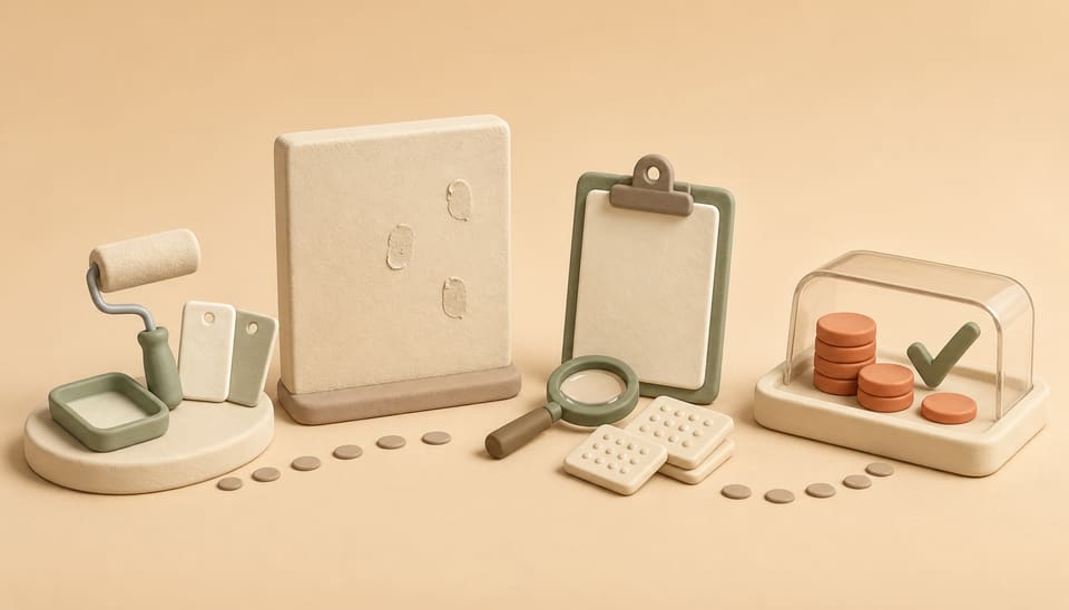 Soft 3D illustration of wall marks, a repair roller, a magnifying glass and protected security-deposit tokens