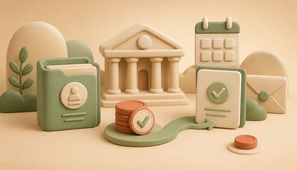 Soft 3D illustration of a court record, payment tokens and a completed judgment entry connected by a checkmarked path