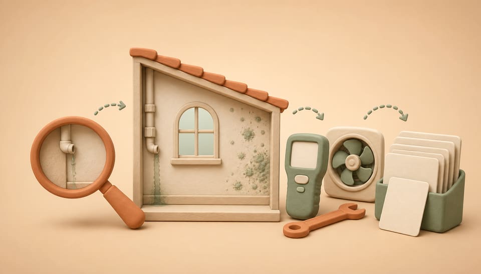 Soft clay illustration of a California rental mold complaint with a leaking wall, moisture investigation tools, repair equipment and organized evidence