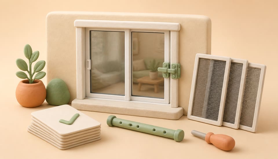 Soft clay illustration of a sliding glass door with an installed latch, separate security bar, replacement screen frames and organized evidence cards