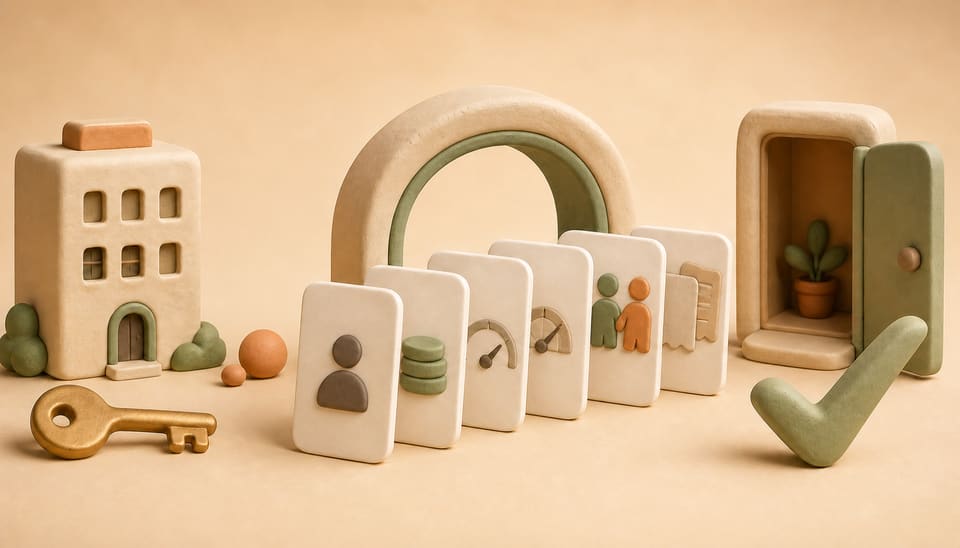 Soft clay illustration of a Los Angeles rental application with an apartment, key, qualification cards, co-signer symbols and an approved doorway