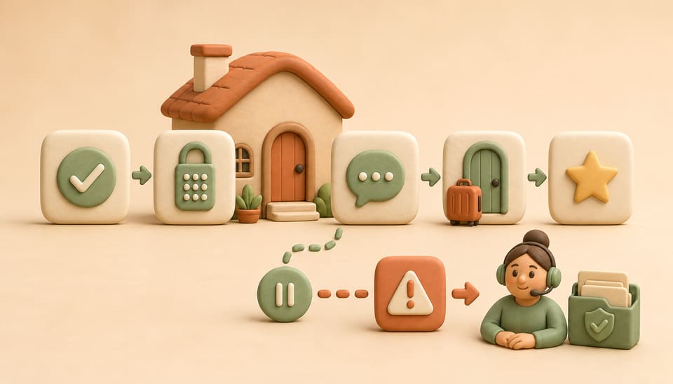 Soft clay illustration of five scheduled guest messages moving from a rental home through booking, access, check-in, checkout and review, with a branch to human assistance