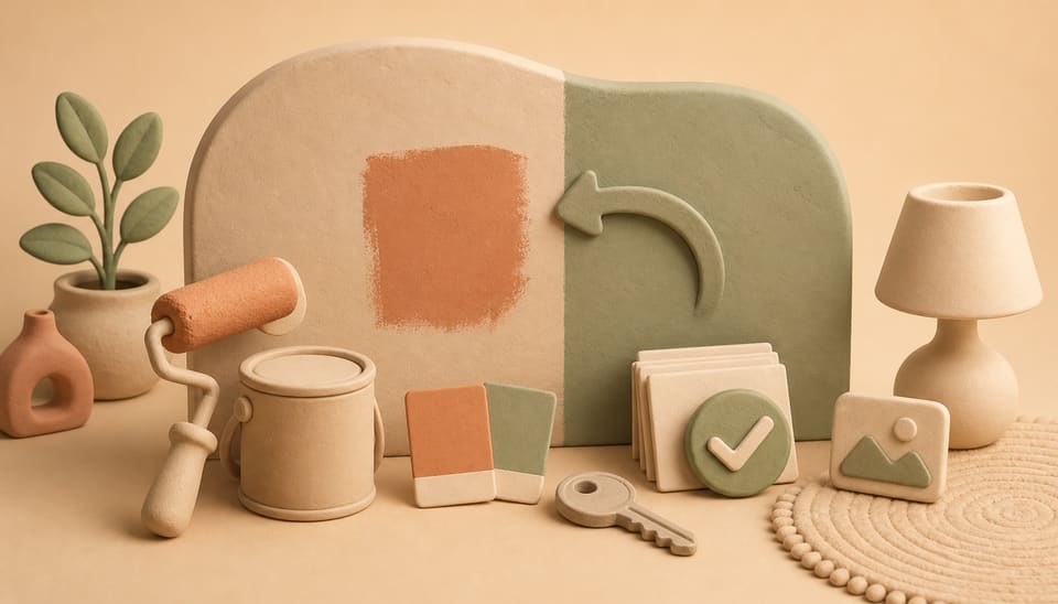 Soft clay illustration of a California rental wall customization request with a paint roller, color swatches, house key, written approval cards and a restoration arrow