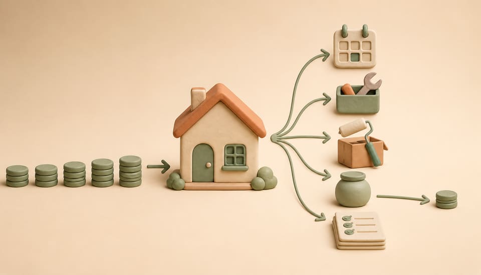 Soft clay illustration of rent coins flowing into a rental house and splitting into vacancy, maintenance, turnover, reserves and tenant-screening records, leaving a smaller cash-flow balance