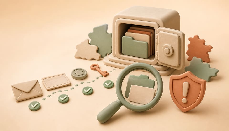 Soft clay illustration of forgotten financial records moving through identity verification into a secure state-custody archive, with a magnifying glass, checkmarks and scam warning