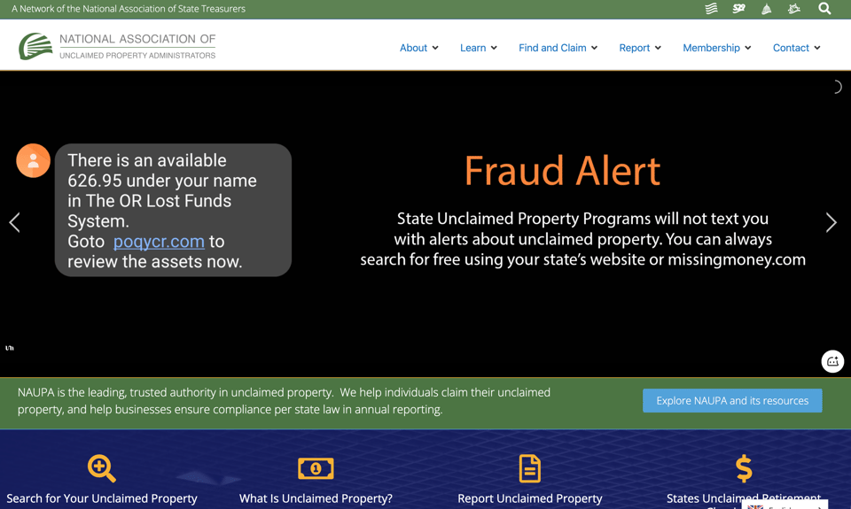 NAUPA's official unclaimed-property website displaying a fraud alert that warns consumers not to trust unsolicited text messages and to search state programs for free.