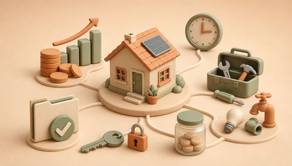 Soft clay illustration of a Los Angeles rental property surrounded by return, maintenance, screening, solar and time-cost symbols