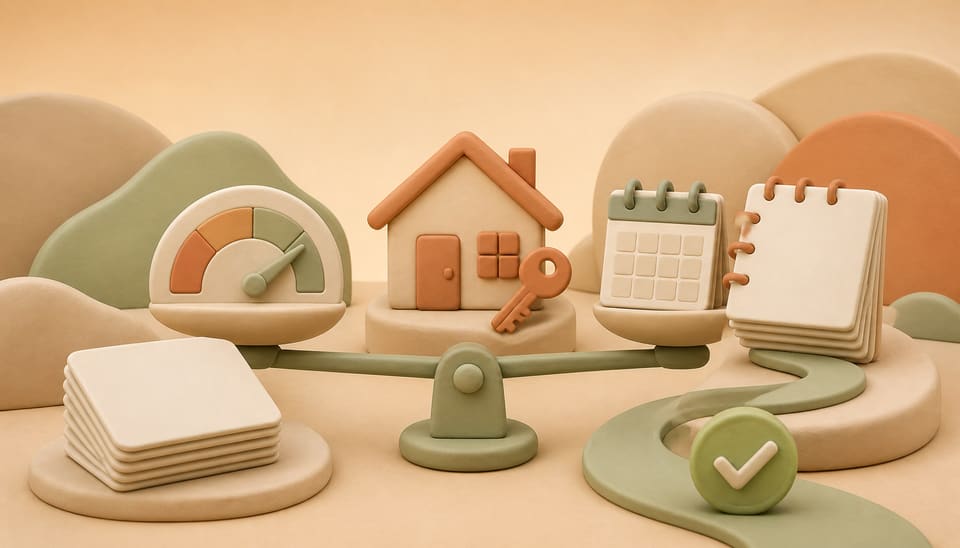 Soft clay illustration of a house and key balanced between a credit gauge and a year of rental records