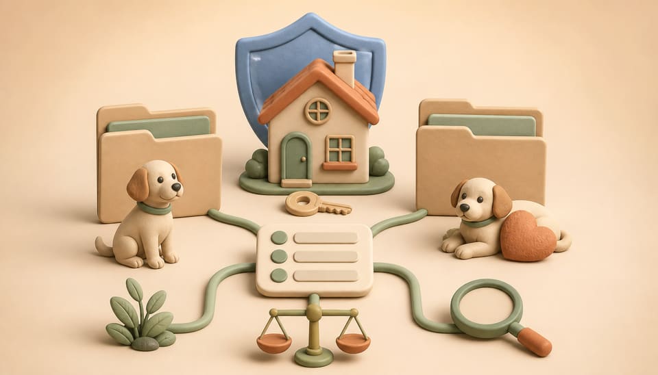 Soft clay illustration of two equal rental application folders, two dogs, a shared checklist, balanced scale, magnifying glass, rental house and fair-housing shield