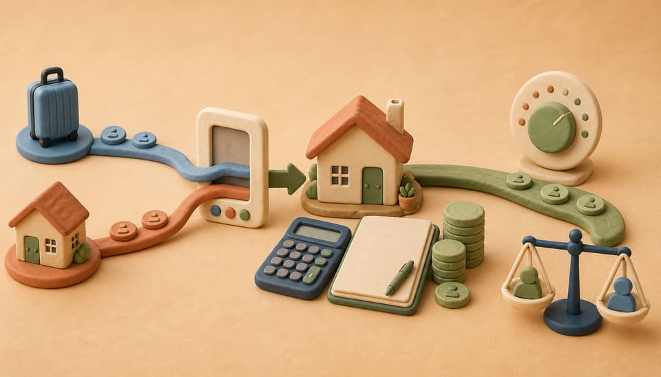 Soft clay illustration of shared booking fees merging into one host-side deduction beside a vacation home, calculator, ledger, price dial and balance scale