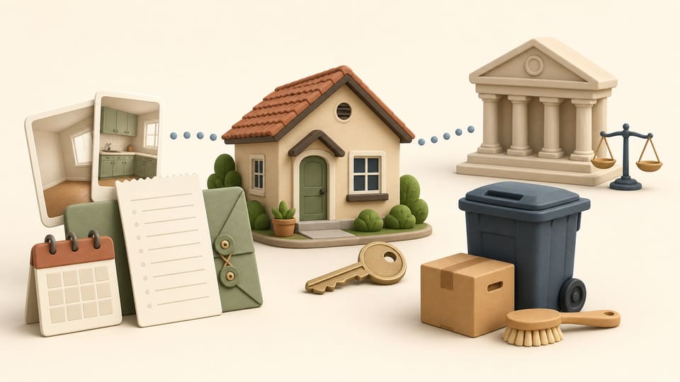 Clay illustration of a Texas rental home, move-out evidence, a closed trash bin, and a courthouse balance scale