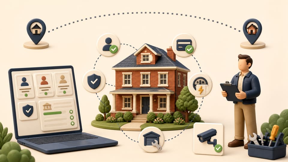 Clay-style illustration of an out-of-state rental house connected to tenant screening, rent tracking, utility alerts, local inspections and repair oversight