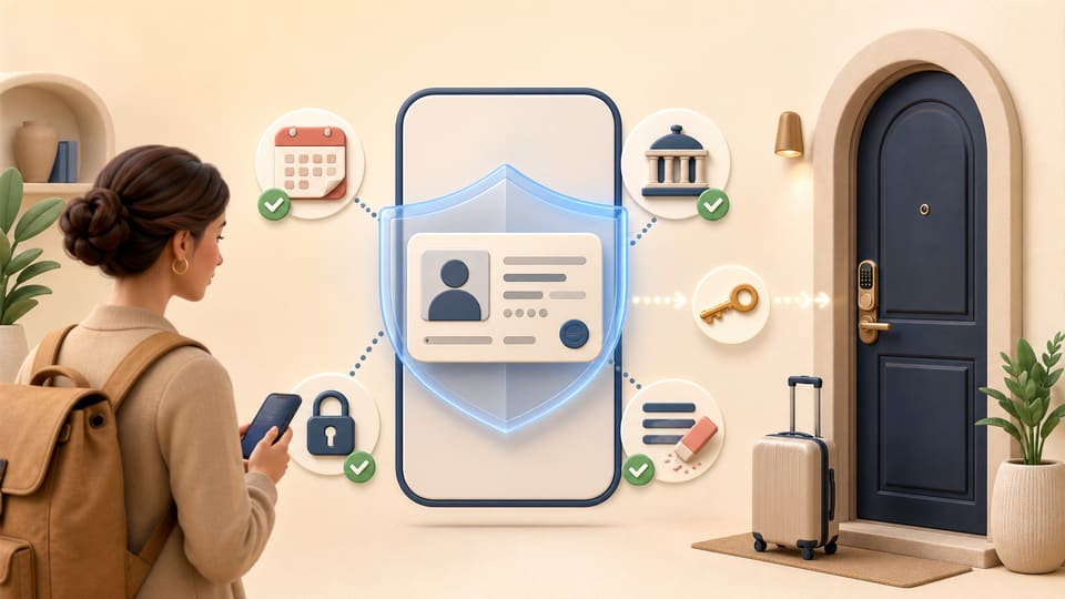 Clay-style illustration of a traveler checking disclosure, legal purpose, secure transfer and data minimization before sharing identification for a rental stay
