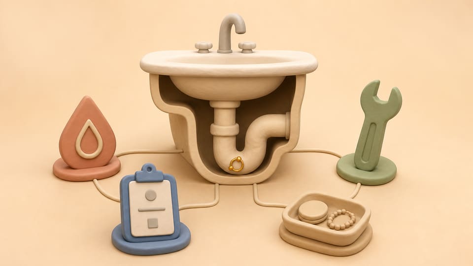 Soft clay cutaway of a bathroom sink and P-trap holding a small earring, surrounded by symbols for an alert, repair, diagnosis and personal-item request