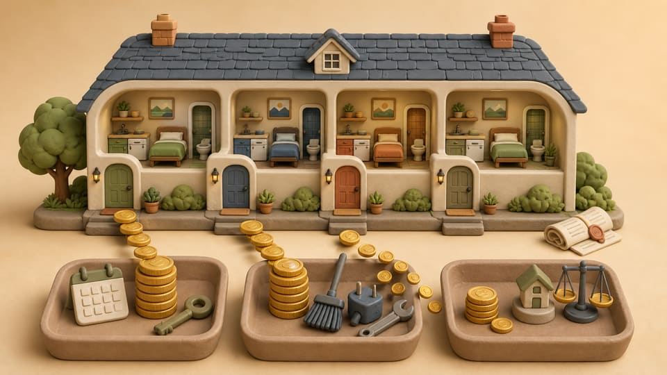 Soft clay cutaway of one house containing four rental suites, with booking coins flowing through platform, operating-cost and investment-return trays
