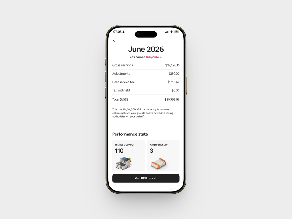 Airbnb earnings summary headed June 2026 showing $37,220.15 in gross earnings, a $35,753.55 payout, 110 booked nights and a three-night average stay