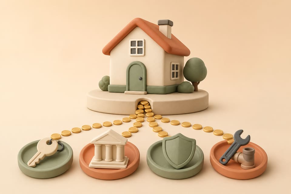 Soft clay house with coins flowing into separate trays for the mortgage, property tax, insurance, and maintenance costs