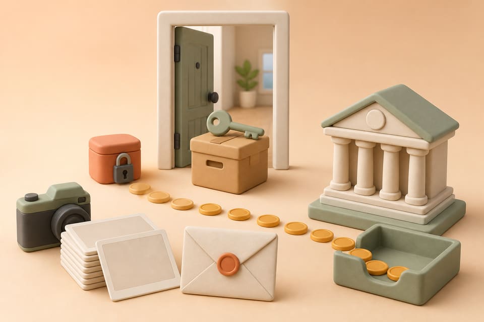 Clay illustration of a rental move-out evidence file, demand letter, courthouse, keys, and a security deposit being returned