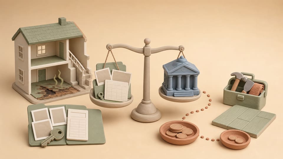 Soft clay illustration of a damaged rental home, an evidence file, a courthouse scale and a smaller tray representing actual collection