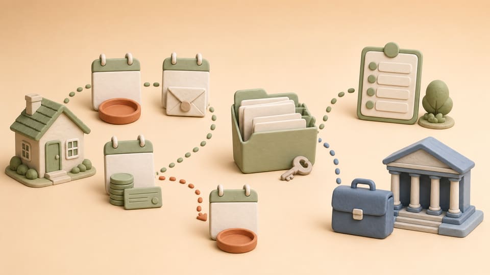 Soft clay illustration of a rent cycle moving from missed payment to notice, cure, new default, records and legal escalation