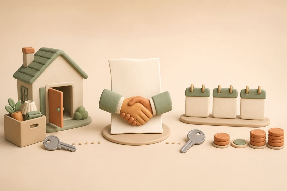 Clay illustration of a tenant move-out, mutual termination agreement, returned keys, reletting calendar and resumed rent payments