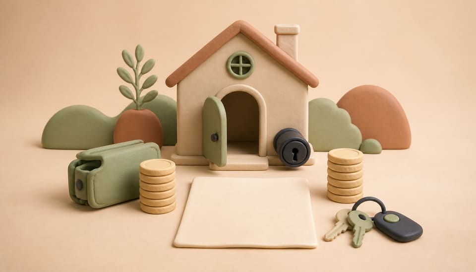 Clay illustration of a California rental handoff with a house, returned keys, two stacks of coins, a blank settlement document, and a replacement lock