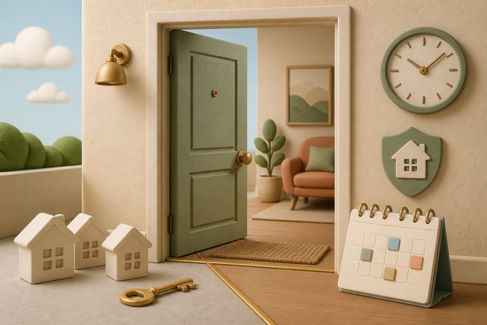 Soft clay illustration of an open rental door, a key, a calendar, a clock, visitor house tokens, and a home privacy shield