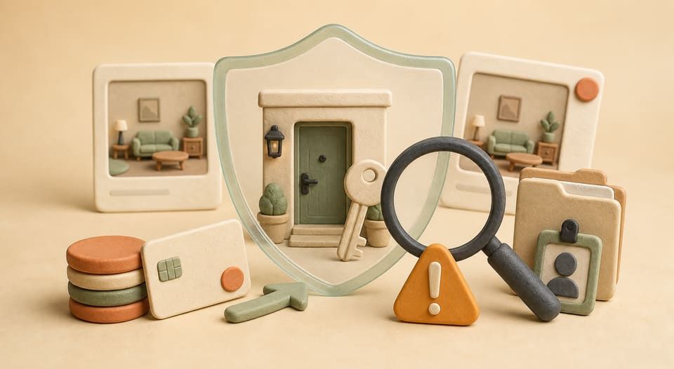 Clay illustration of an apartment, key and payment being stopped for identity and rental-authority verification