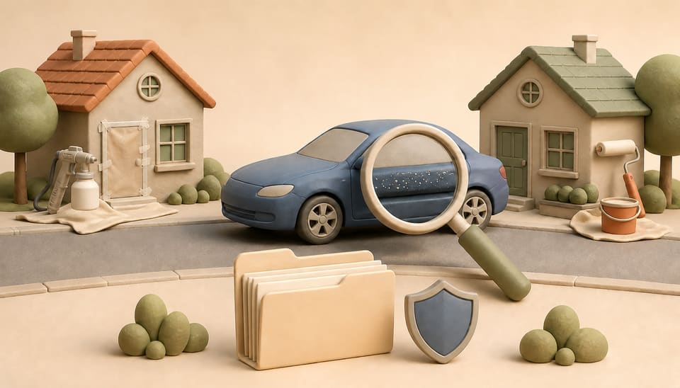 Soft clay illustration of two nearby painting projects, a parked car with tiny paint specks, a magnifying glass, evidence folder and insurance shield