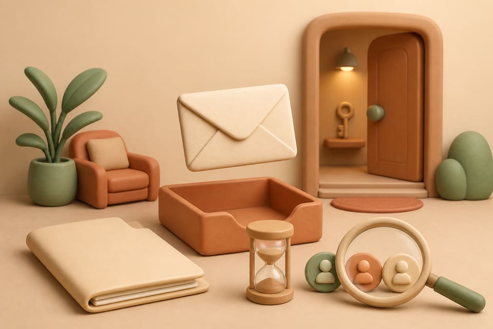Soft clay illustration of an unanswered rental application email, a California home and a magnifying glass over applicant screening tokens
