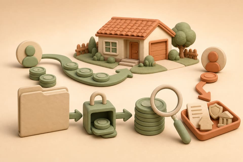 Soft clay starter home beside separate trays for a down payment, closing costs, seller credits and an escrow deposit