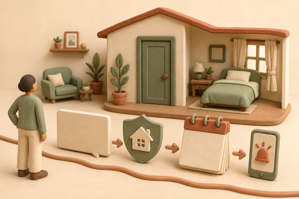Soft clay illustration of a host respecting a guest-room boundary while following a sequence of written communication, house rules, calendar review and emergency escalation