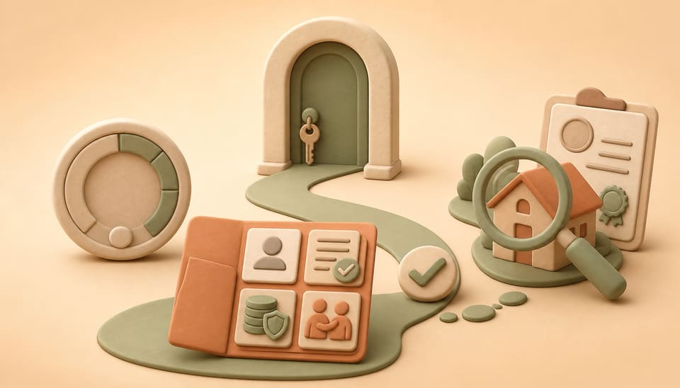 Soft clay illustration of a no-credit rental application packet, a verified home and a path to an apartment key
