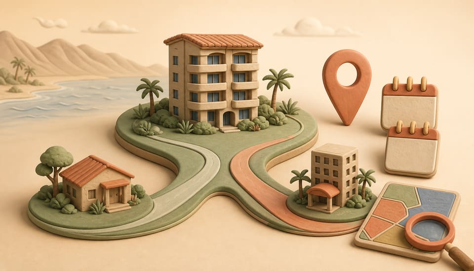 Aerial clay-style illustration of a Maui condominium parcel divided between residential and hotel zoning paths, with a map pin and dated compliance checklist