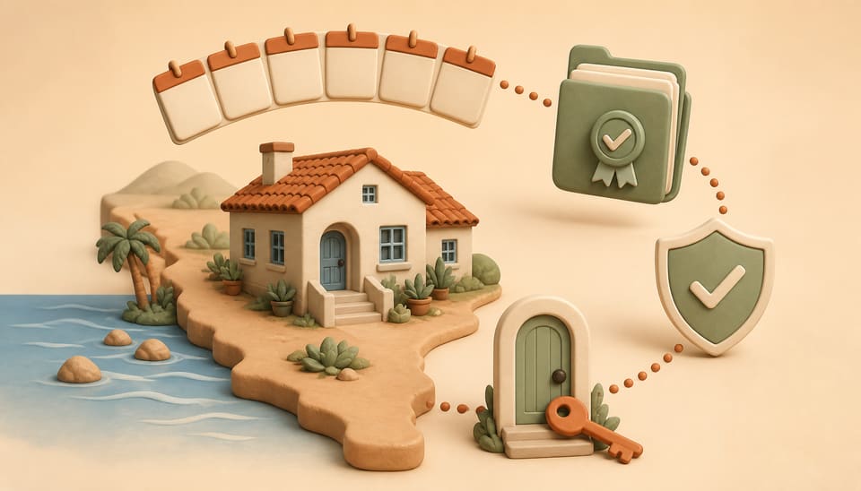 Clay illustration of a California rental home connected to a long-stay calendar, written agreement, insurance shield and checkout key