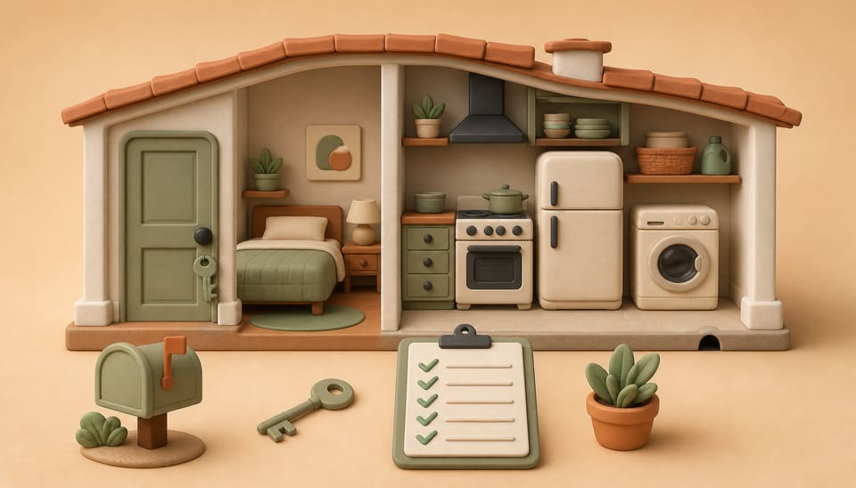Soft clay cutaway of a shared California house with a private bedroom, kitchen, laundry, mailbox, key and inspection checklist