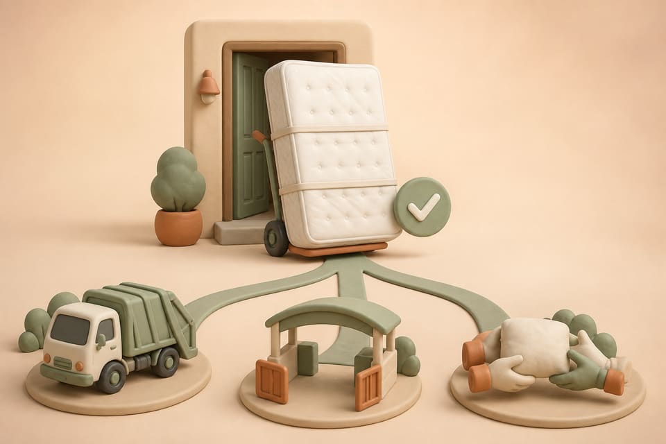 Soft clay illustration of a wrapped queen mattress leaving an apartment with paths to city pickup, resident drop-off and reuse