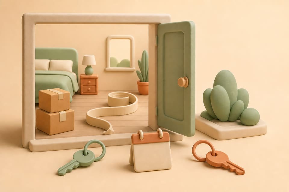 Soft clay illustration separating a current tenant's occupied room, a measurement visit and the later transfer of apartment keys