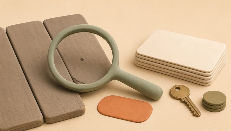 Soft clay illustration of localized floor marks examined with a magnifying glass beside blank deduction records, a key and security-deposit coins